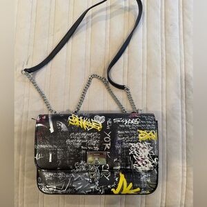 DKNT.Stylish Black and Yellow Graffiti Shoulder Bag